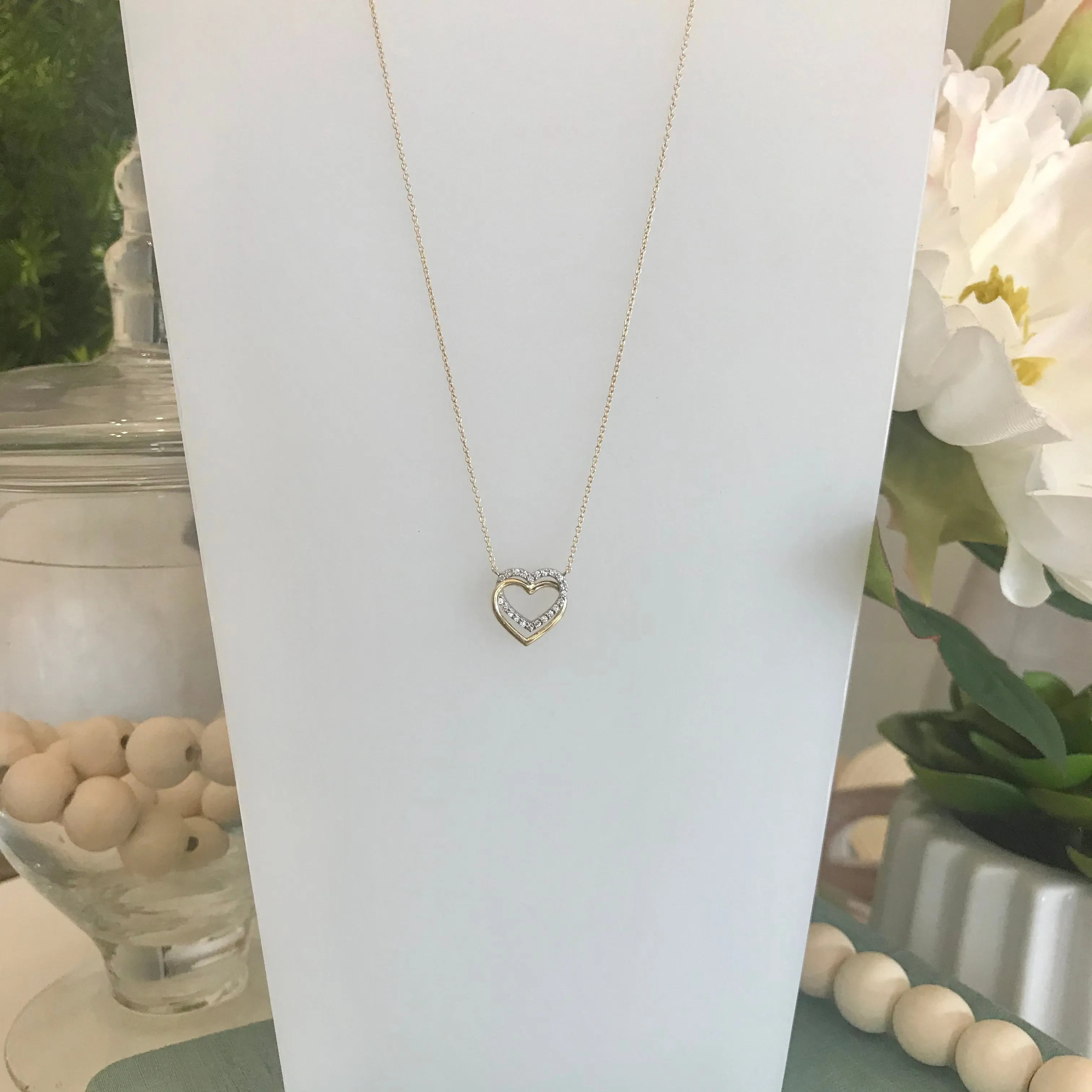 10k Two Toned Double CZ Heart Necklace