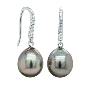 18ct White Gold Tahitian Black Pearl & Diamond Drop Earrings