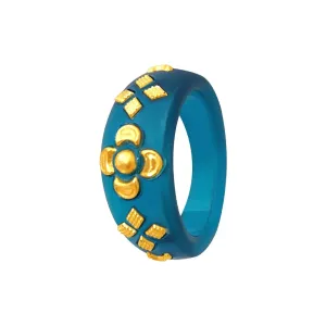 22KT (916) Yellow Gold Blue Pola Ring With Floral Embellishments For Women & Girls (Size 11)
