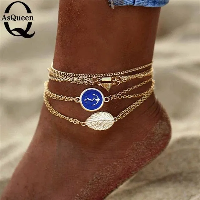 3PCS/Set Bohemian Eagle Sequins Anklets For Women Fashion Gold Color Bracelet Anklet on the Leg Beach Foot Accessories Wholesale