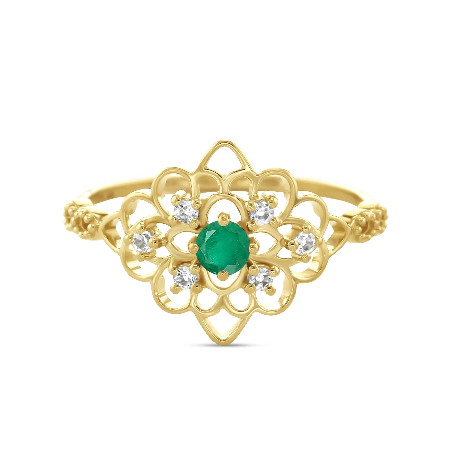 9k Yellow Gold Ring Set with White Topaz and Emerald