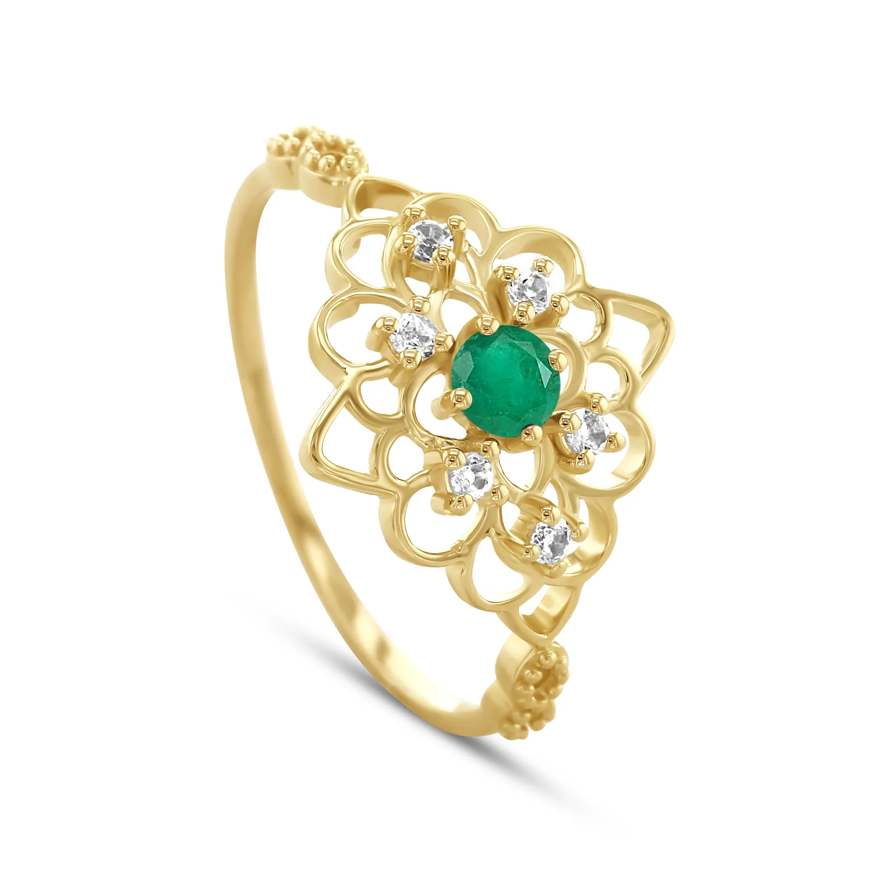 9k Yellow Gold Ring Set with White Topaz and Emerald