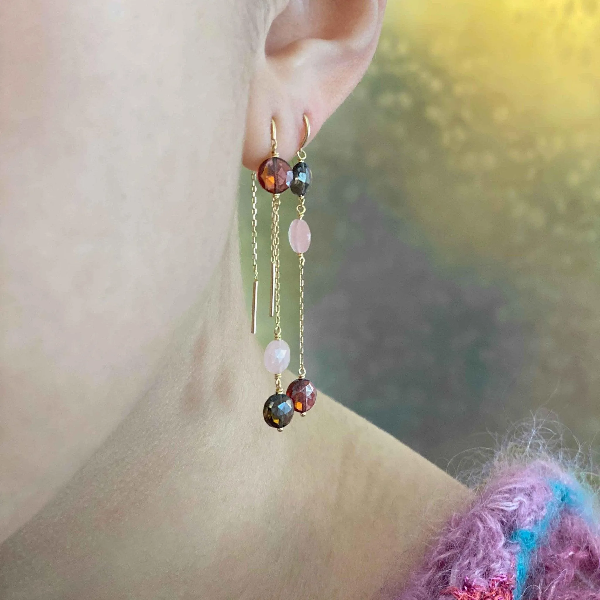 Asymmetric Trio Pastille Earrings Guava Quartz, Smoky Quartz, Red Garnet - 18k Gold