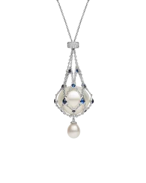 Blue Sapphire Lavalier Pearl Necklace | 15mm Button Pearl, Blue Sapphires, and White Gold