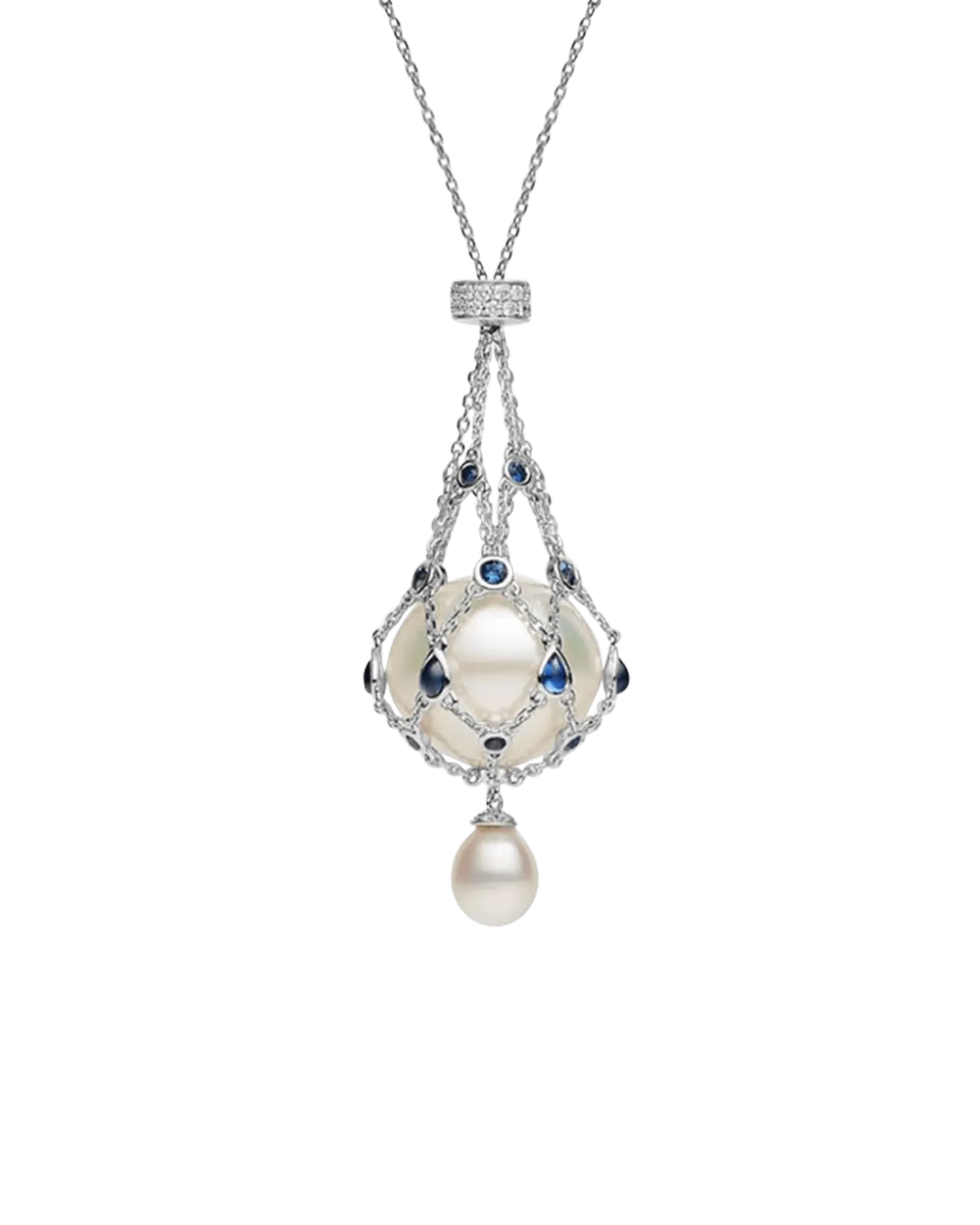 Blue Sapphire Lavalier Pearl Necklace | 15mm Button Pearl, Blue Sapphires, and White Gold