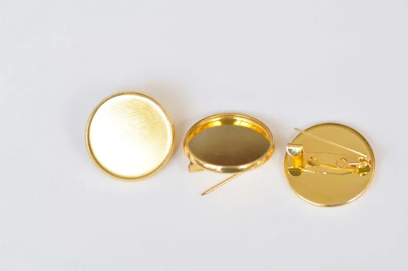 Brass Round Base Bezel Brooch Back Match 20mm/25mm Cameo Set of 10