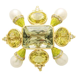 Brooch - Green Quartz, Lemon Quartz, Fresh Water Pearl and Diamond (Enamel)