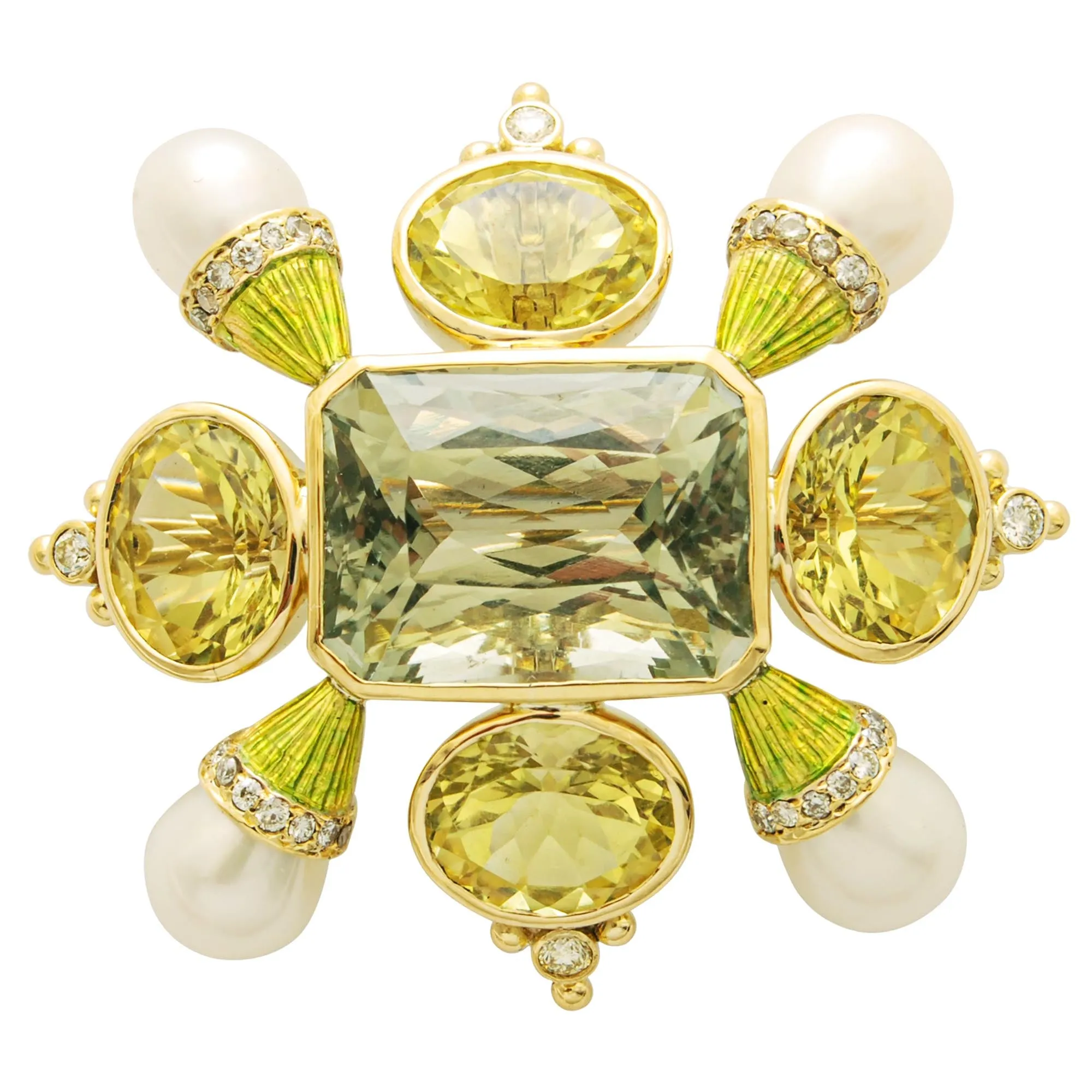 Brooch - Green Quartz, Lemon Quartz, Fresh Water Pearl and Diamond (Enamel)