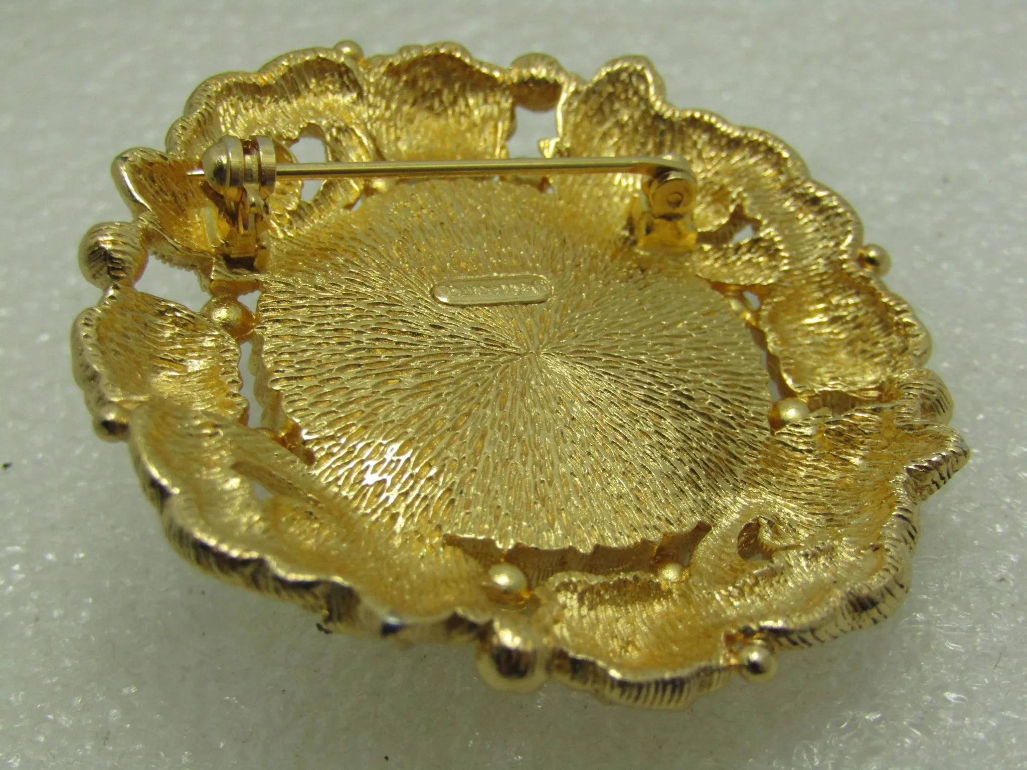 Burberrys  Faux Pearl & Crystal Brooch, Victorian Themed, Gold Tone, 1.75",