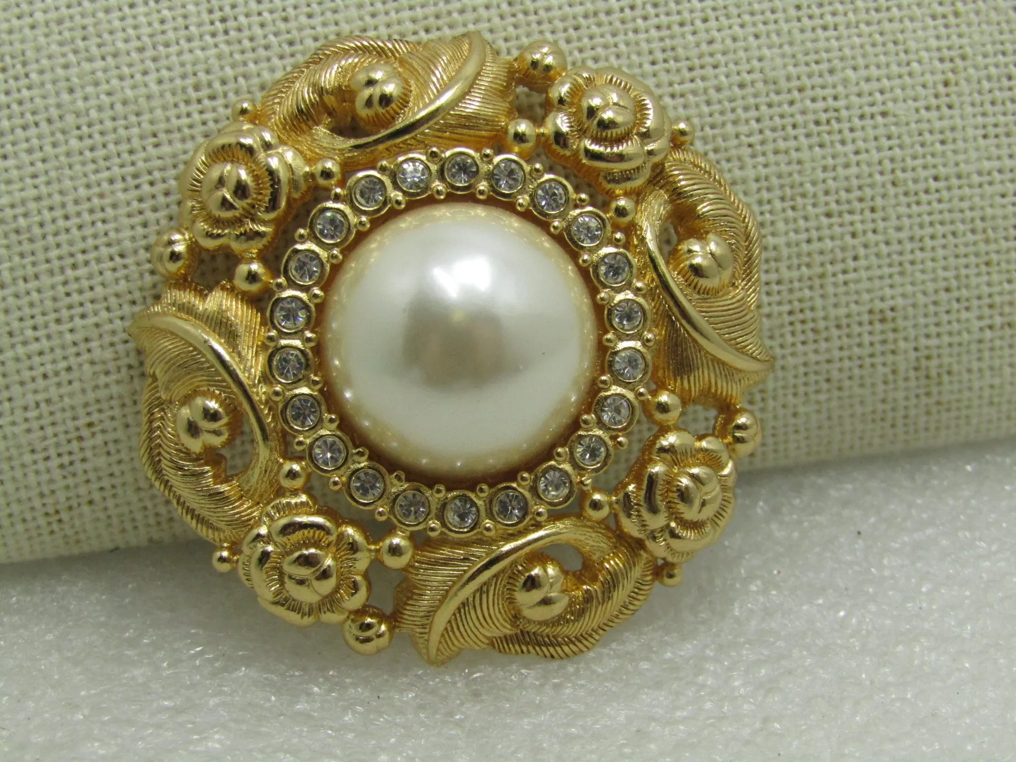 Burberrys  Faux Pearl & Crystal Brooch, Victorian Themed, Gold Tone, 1.75",