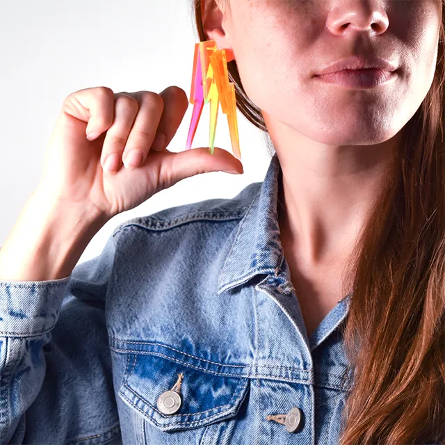Chunky Statement Lightning Bolt Earrings in Black Light Reactive Clear Green