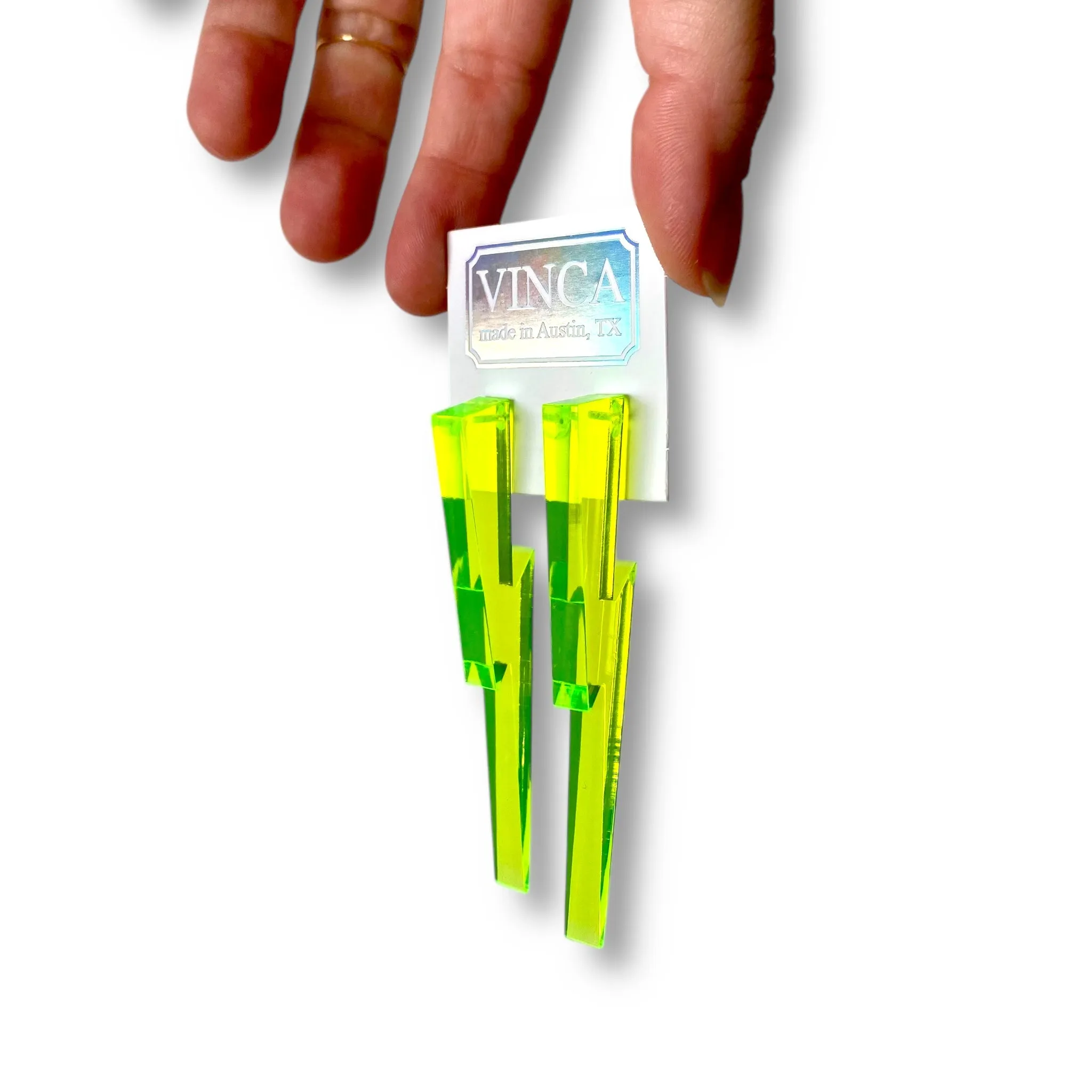 Chunky Statement Lightning Bolt Earrings in Black Light Reactive Clear Green