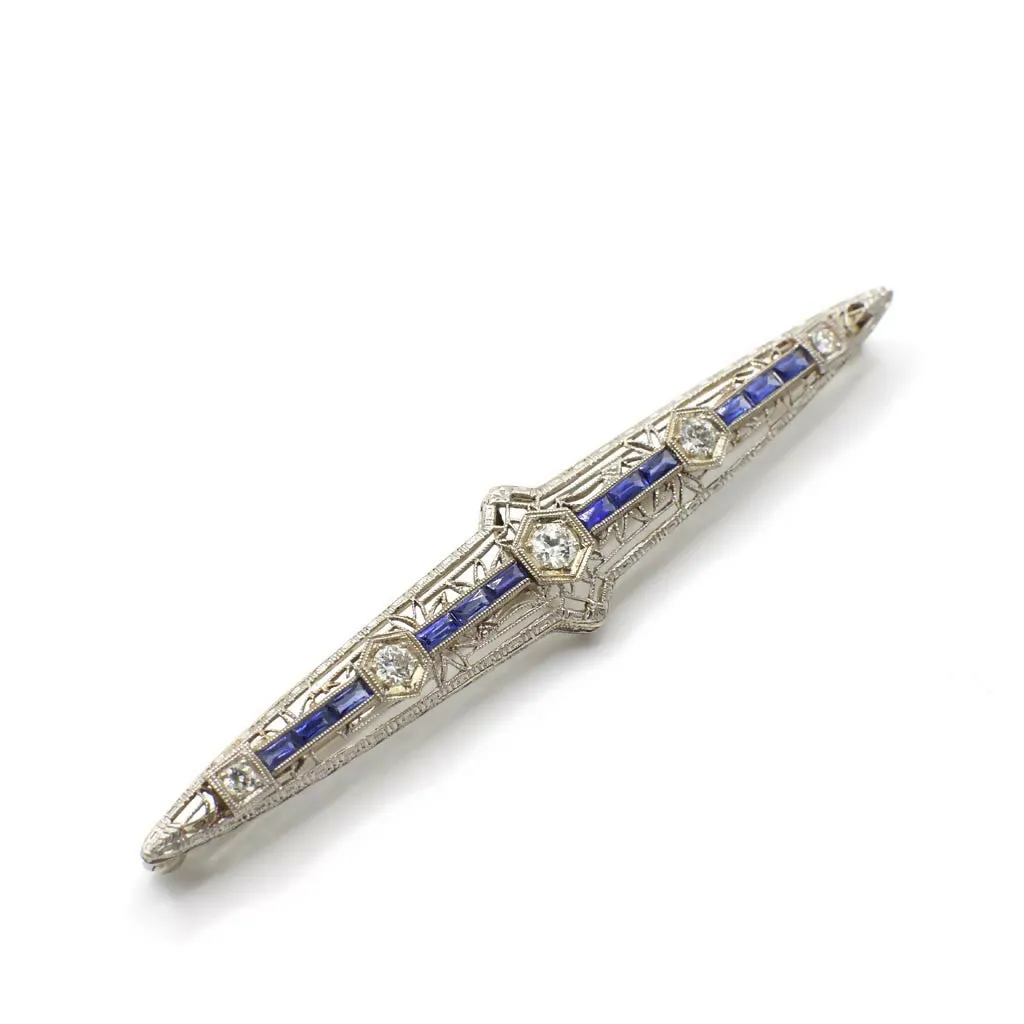 Circa 1920-1930s Edwardian Style Genuine Diamond and Sapphire Filigree Bar Pin in 14K White Gold
