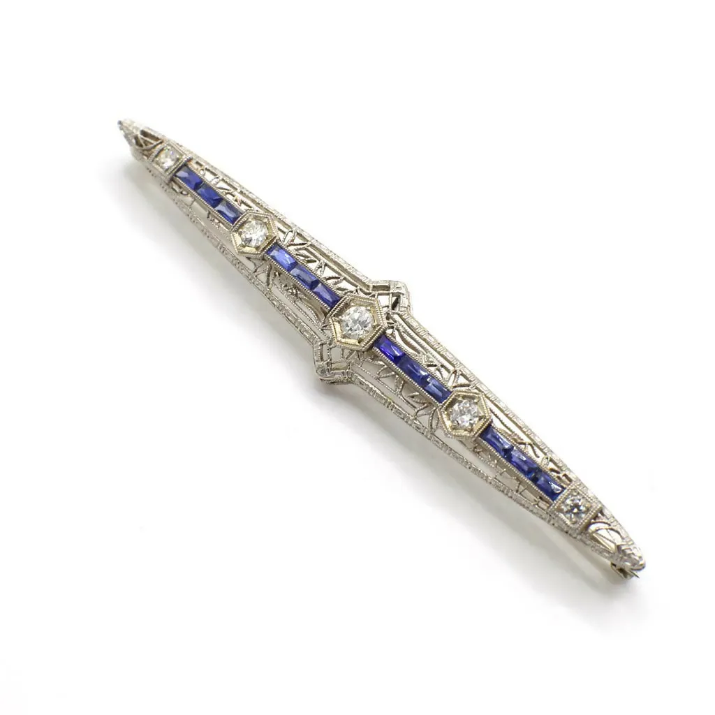 Circa 1920-1930s Edwardian Style Genuine Diamond and Sapphire Filigree Bar Pin in 14K White Gold