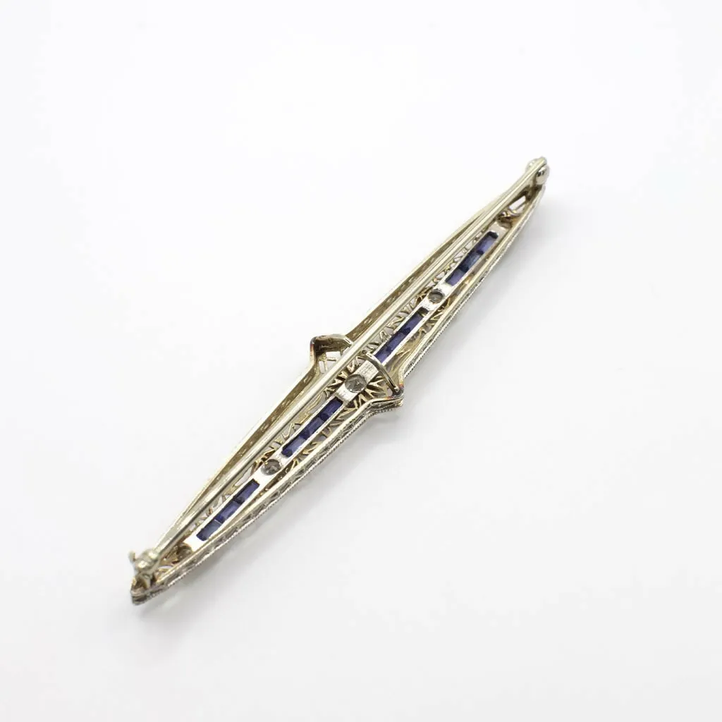 Circa 1920-1930s Edwardian Style Genuine Diamond and Sapphire Filigree Bar Pin in 14K White Gold