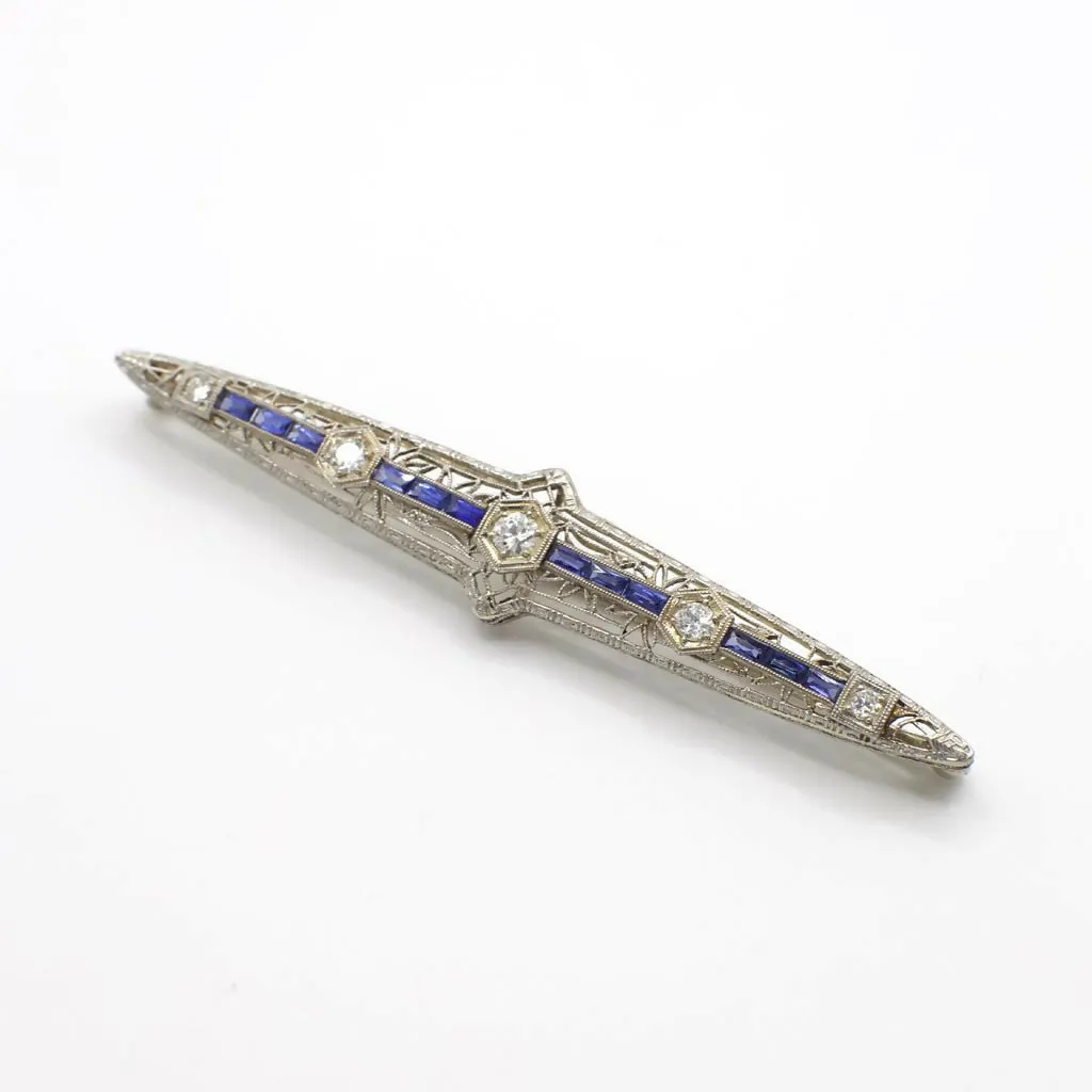 Circa 1920-1930s Edwardian Style Genuine Diamond and Sapphire Filigree Bar Pin in 14K White Gold