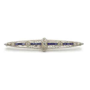 Circa 1920-1930s Edwardian Style Genuine Diamond and Sapphire Filigree Bar Pin in 14K White Gold