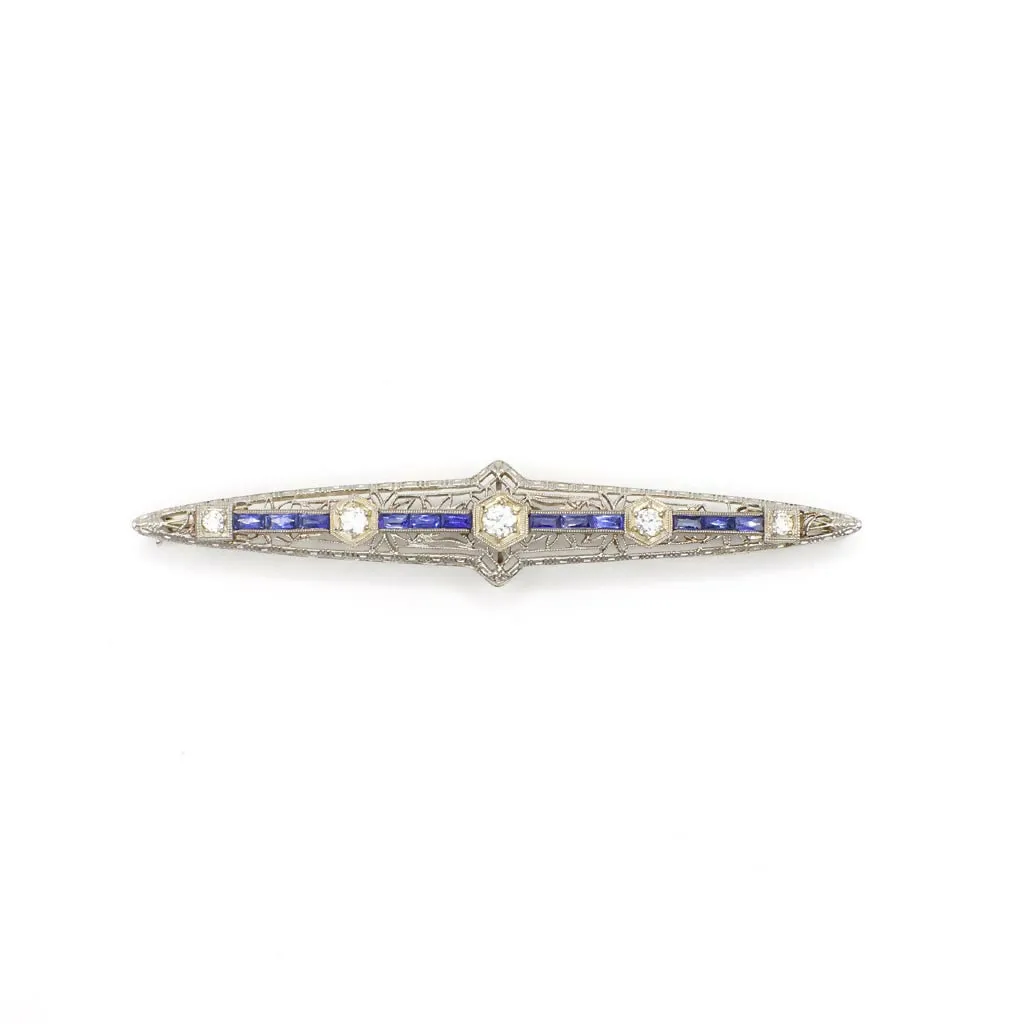 Circa 1920-1930s Edwardian Style Genuine Diamond and Sapphire Filigree Bar Pin in 14K White Gold