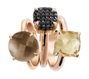 Composition of rings in 925 Silver gilded with 18k rose gold assembled with Smoky Quartz, Lemon Quartz and Black Zirconium Oxide