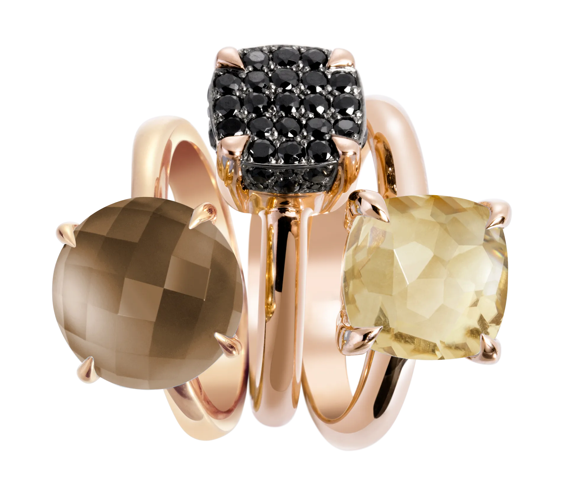 Composition of rings in 925 Silver gilded with 18k rose gold assembled with Smoky Quartz, Lemon Quartz and Black Zirconium Oxide