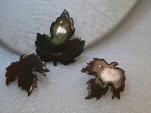 Copper Enameled Leaf Brooch & Earrings Set, Vintage, Clip Earrings, Browns & Green Maple Leaves