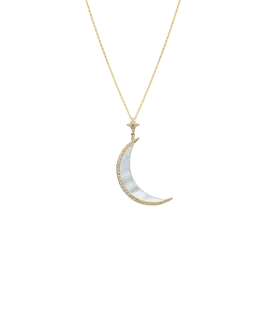 Crescent Moon Pendant | Mother of Pearl, Diamonds, and Yellow Gold