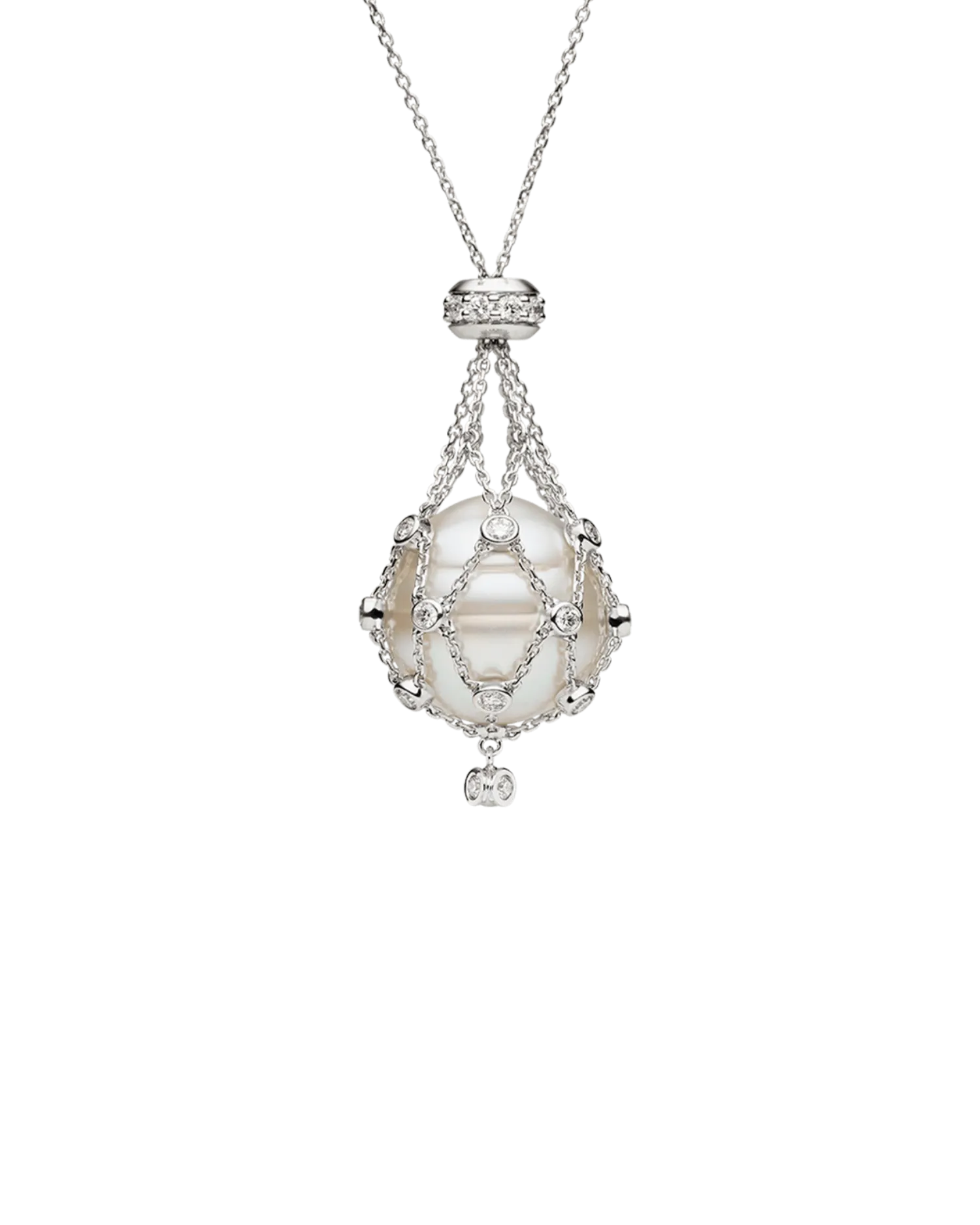 Diamond Lavalier Pearl Necklace | 15mm Circle Pearl, Diamonds, and White Gold