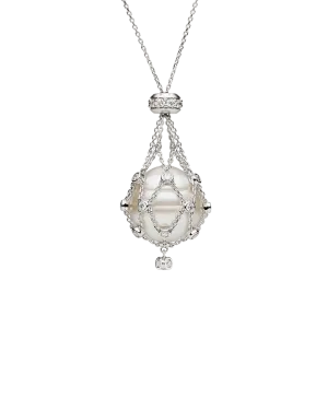 Diamond Lavalier Pearl Necklace | 15mm Circle Pearl, Diamonds, and White Gold