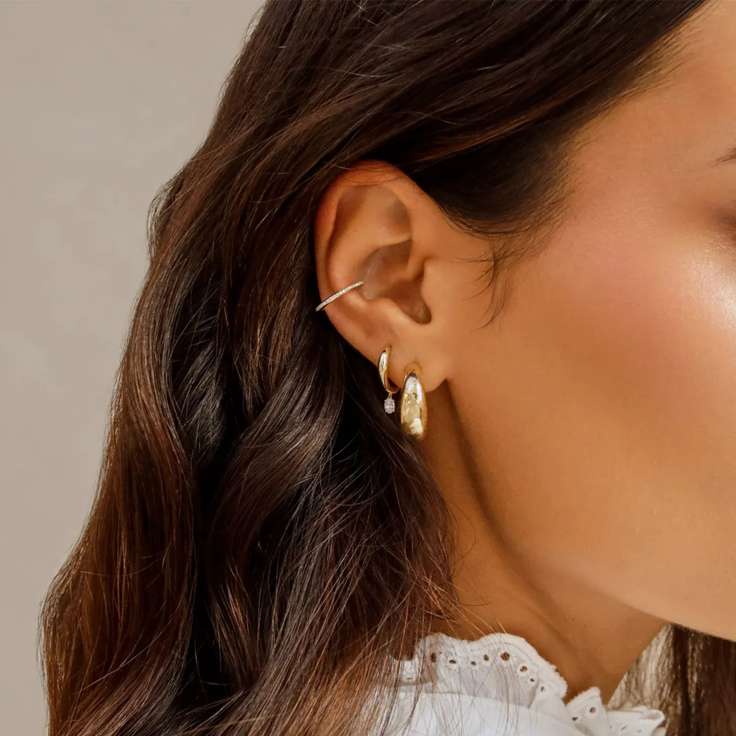 Diamond Oval Drop Gold Dome Huggie Earrings