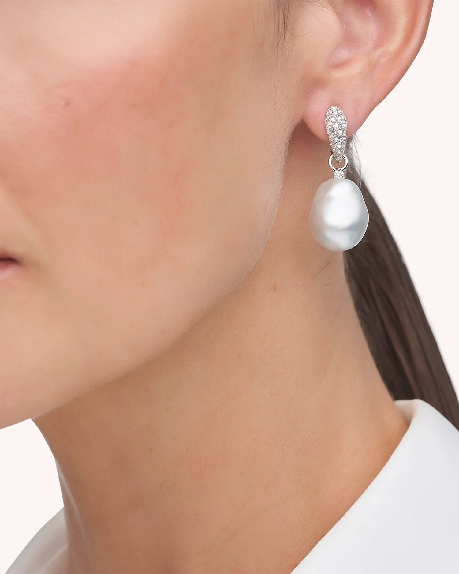 Diamond Touchstone Pearls My Way Earrings | 14mm Baroque Pearls, Diamonds, and White Gold