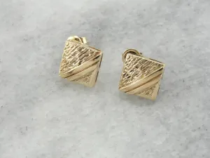 Double Yellow Line: Textured Square Stud Earrings in Gold