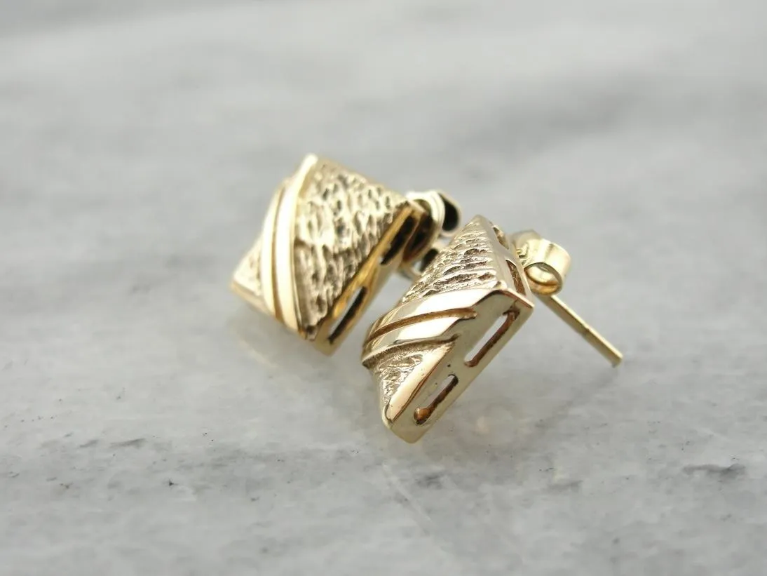 Double Yellow Line: Textured Square Stud Earrings in Gold