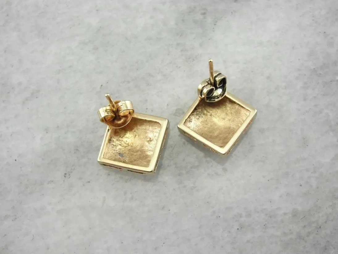 Double Yellow Line: Textured Square Stud Earrings in Gold