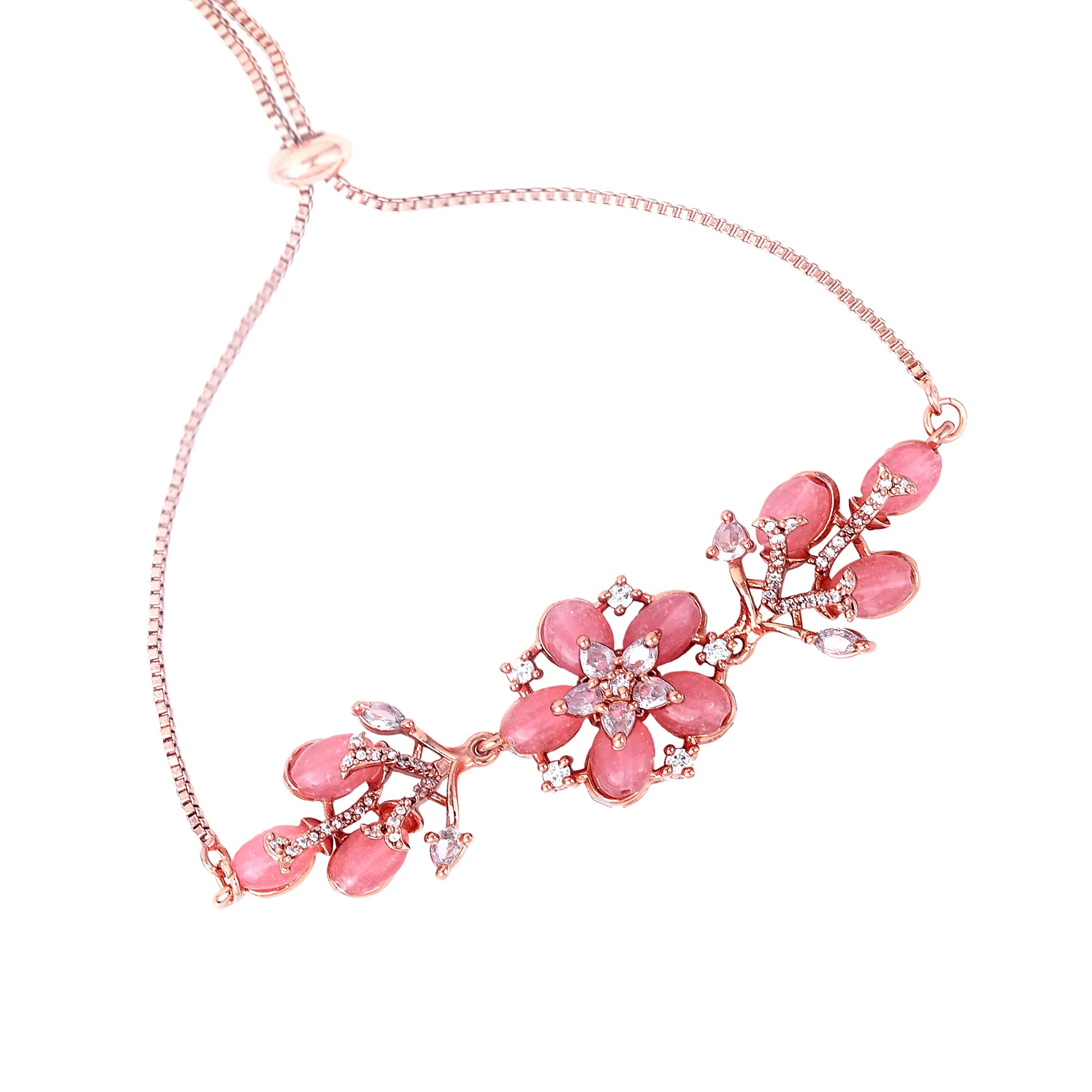 Estele Rosegold Plated Glossy Mint Pink Floral Designer Adjustable Varya Bracelet|A Stylish Accessory for Women