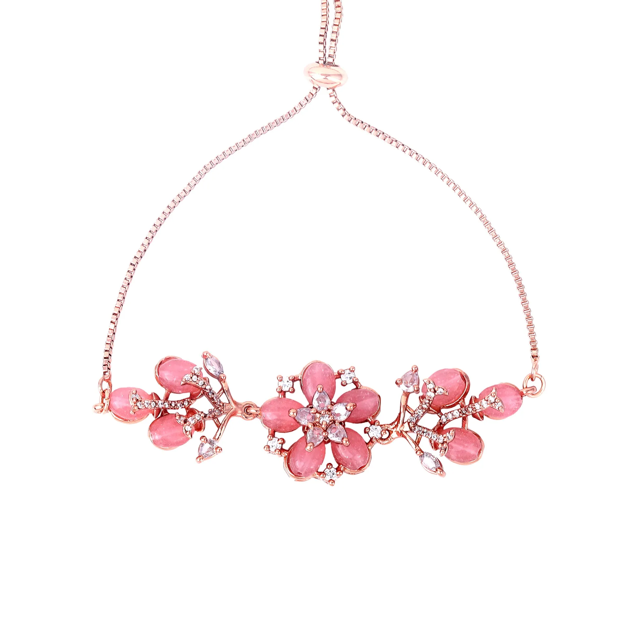 Estele Rosegold Plated Glossy Mint Pink Floral Designer Adjustable Varya Bracelet|A Stylish Accessory for Women