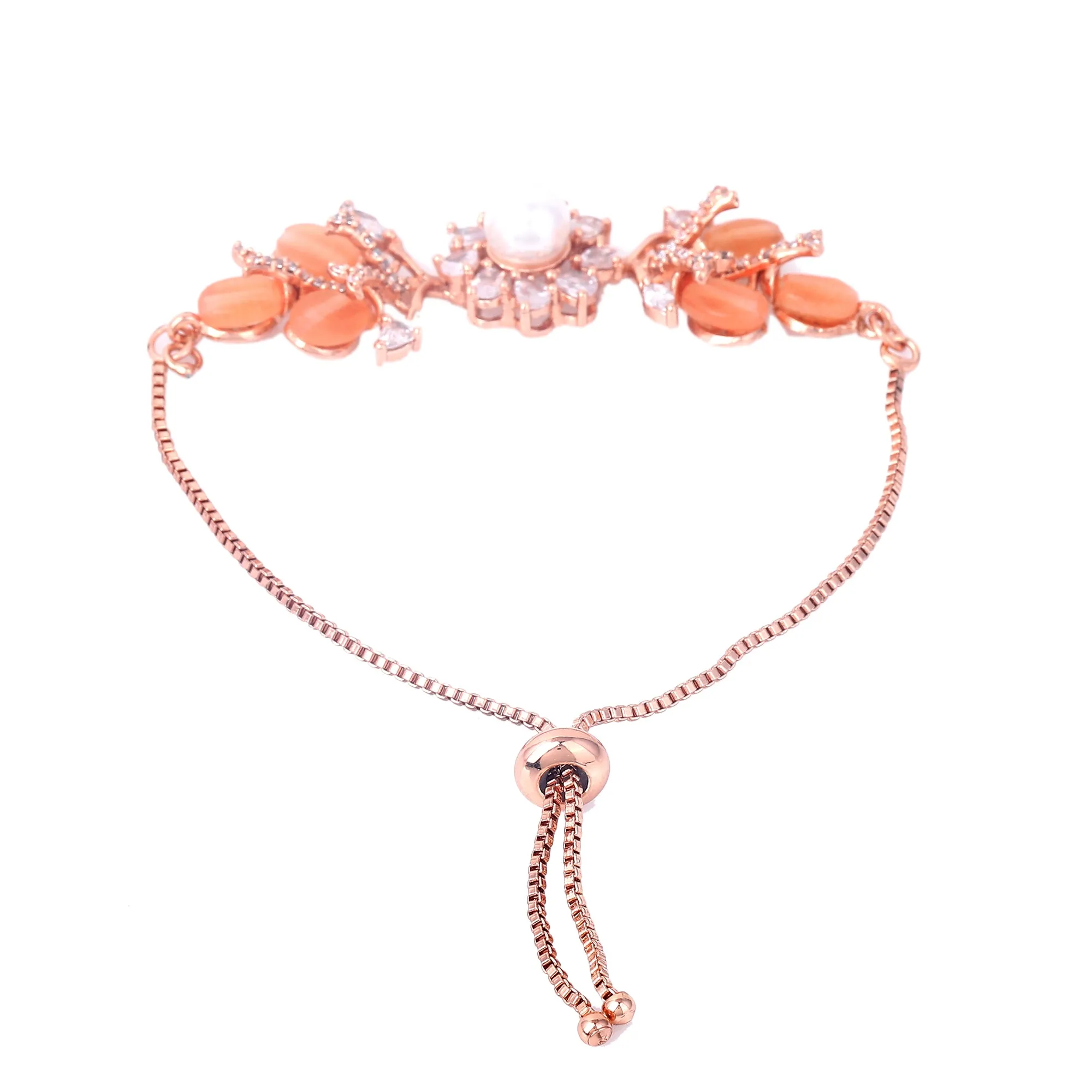 Estele Rosegold Plated Stunning Floral Motifs Adjustable Varya Bracelet with Mint Orange Beads|Timeless Charm for Women