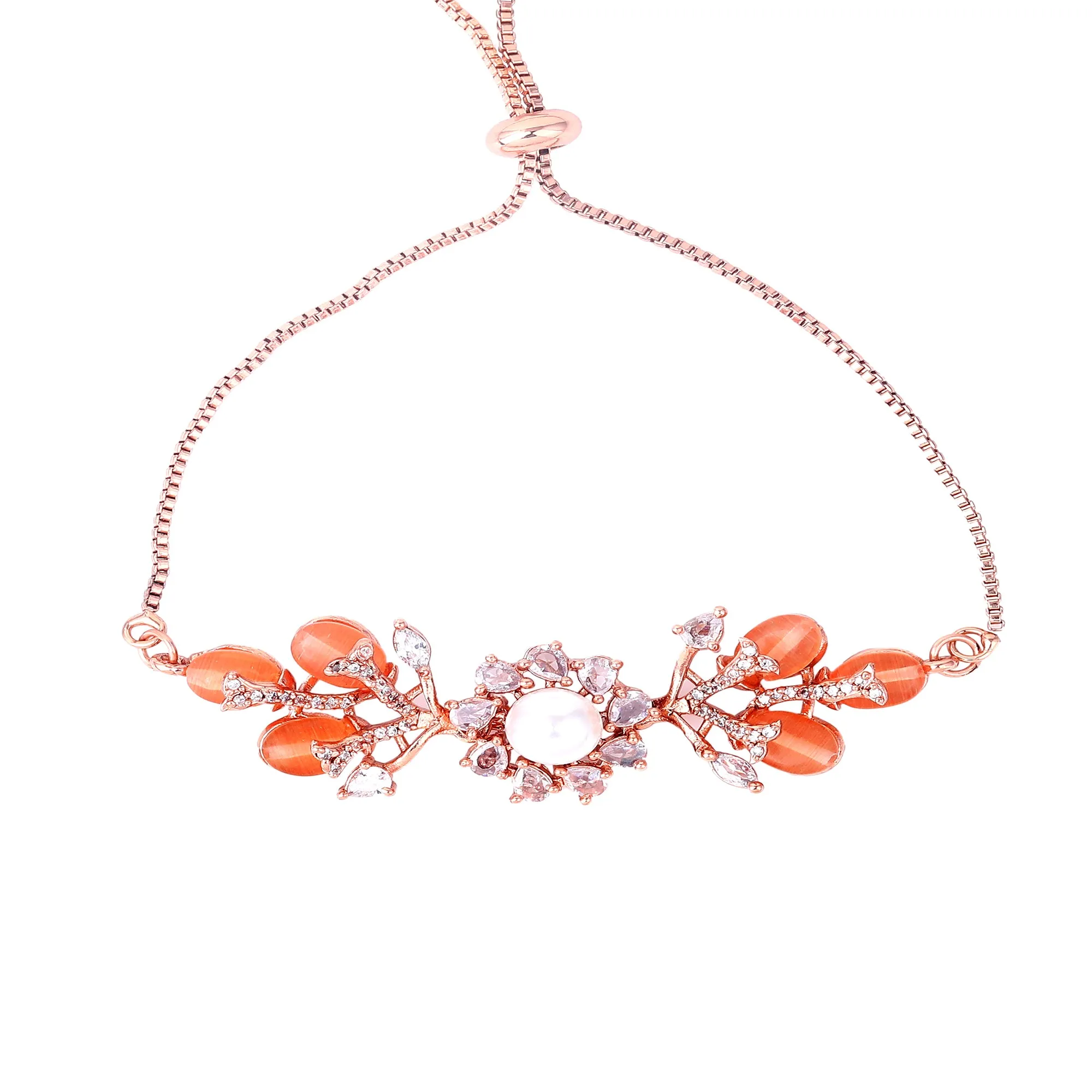 Estele Rosegold Plated Stunning Floral Motifs Adjustable Varya Bracelet with Mint Orange Beads|Timeless Charm for Women