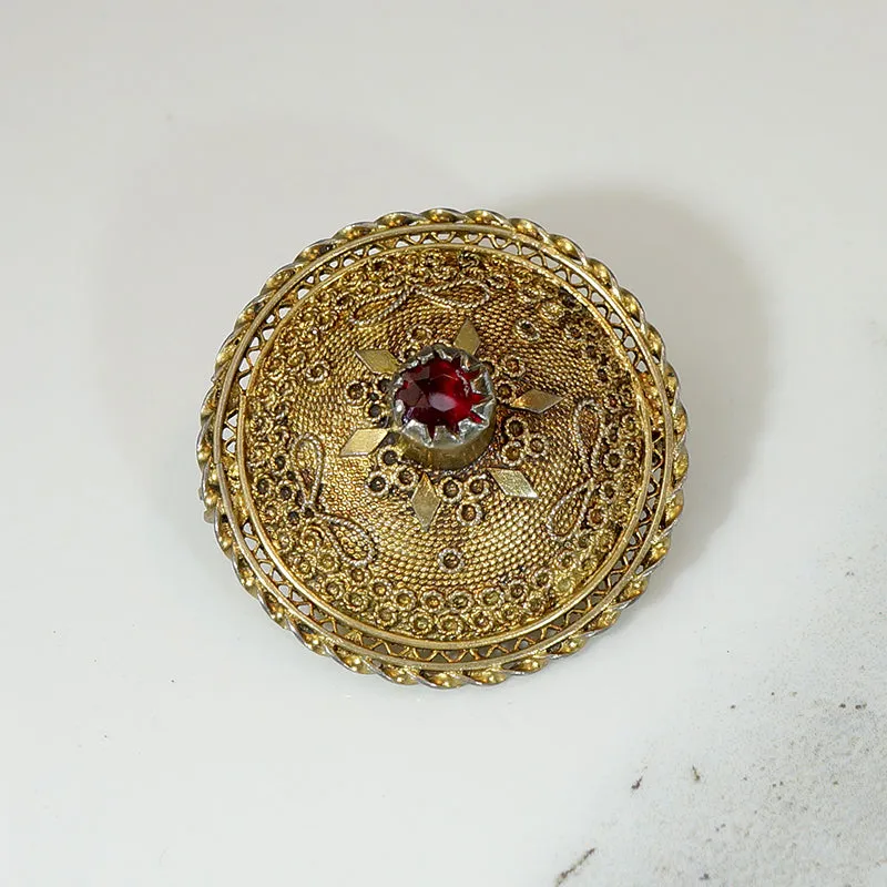 Etruscan Revival Garnet in Silver Gilt Filigree Brooch