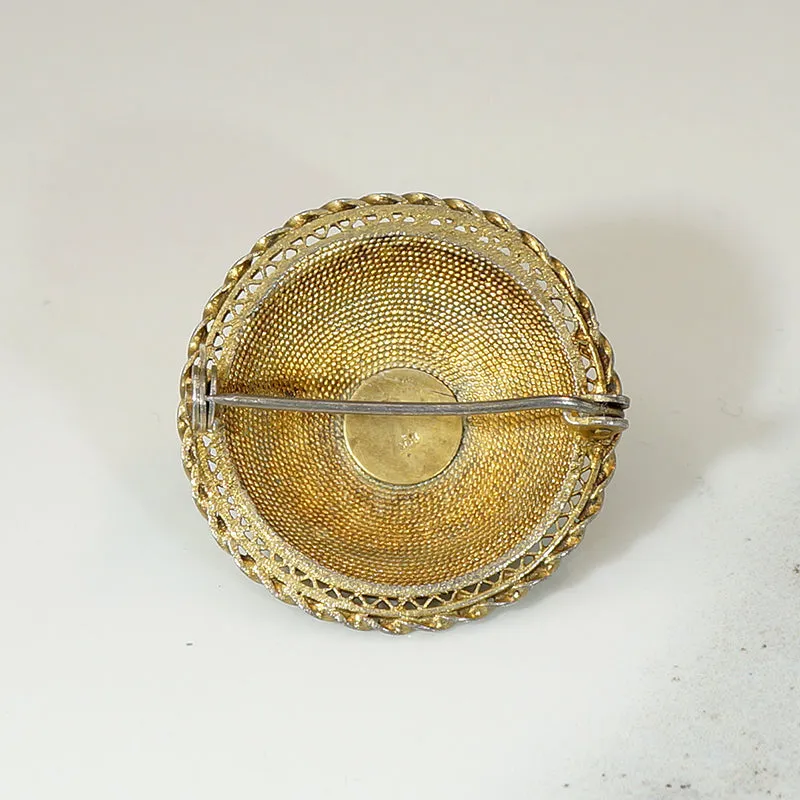 Etruscan Revival Garnet in Silver Gilt Filigree Brooch