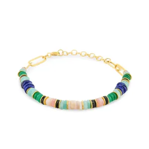 Gold-plated pearl bracelet 18k yellow gold assembled with green onyx, amazonite and lapis lazuli