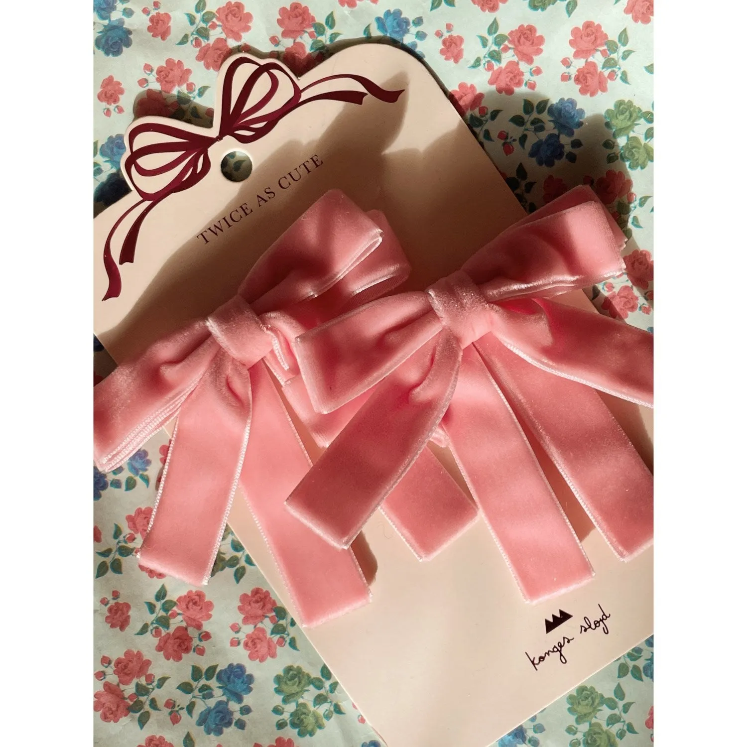 Konges Sl?jd Peony Pink 2 Pack Velvet Double Bow Hair Clips