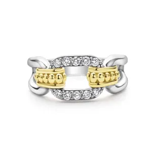 LAGOS Signature Caviar Diamond Pav Oval Link Ring in Sterling Silver and 18K Yellow Gold