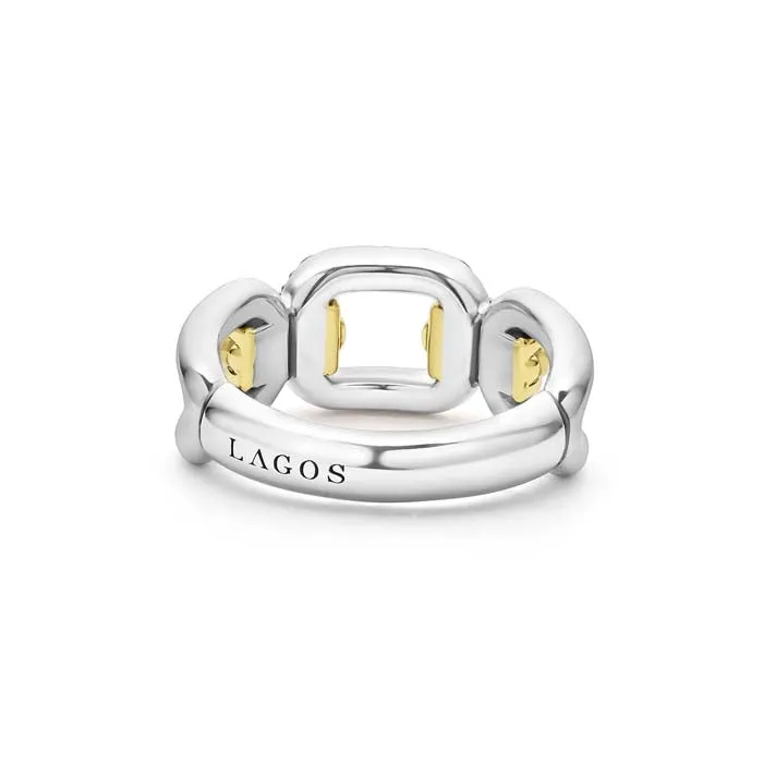 LAGOS Signature Caviar Diamond Pav Oval Link Ring in Sterling Silver and 18K Yellow Gold