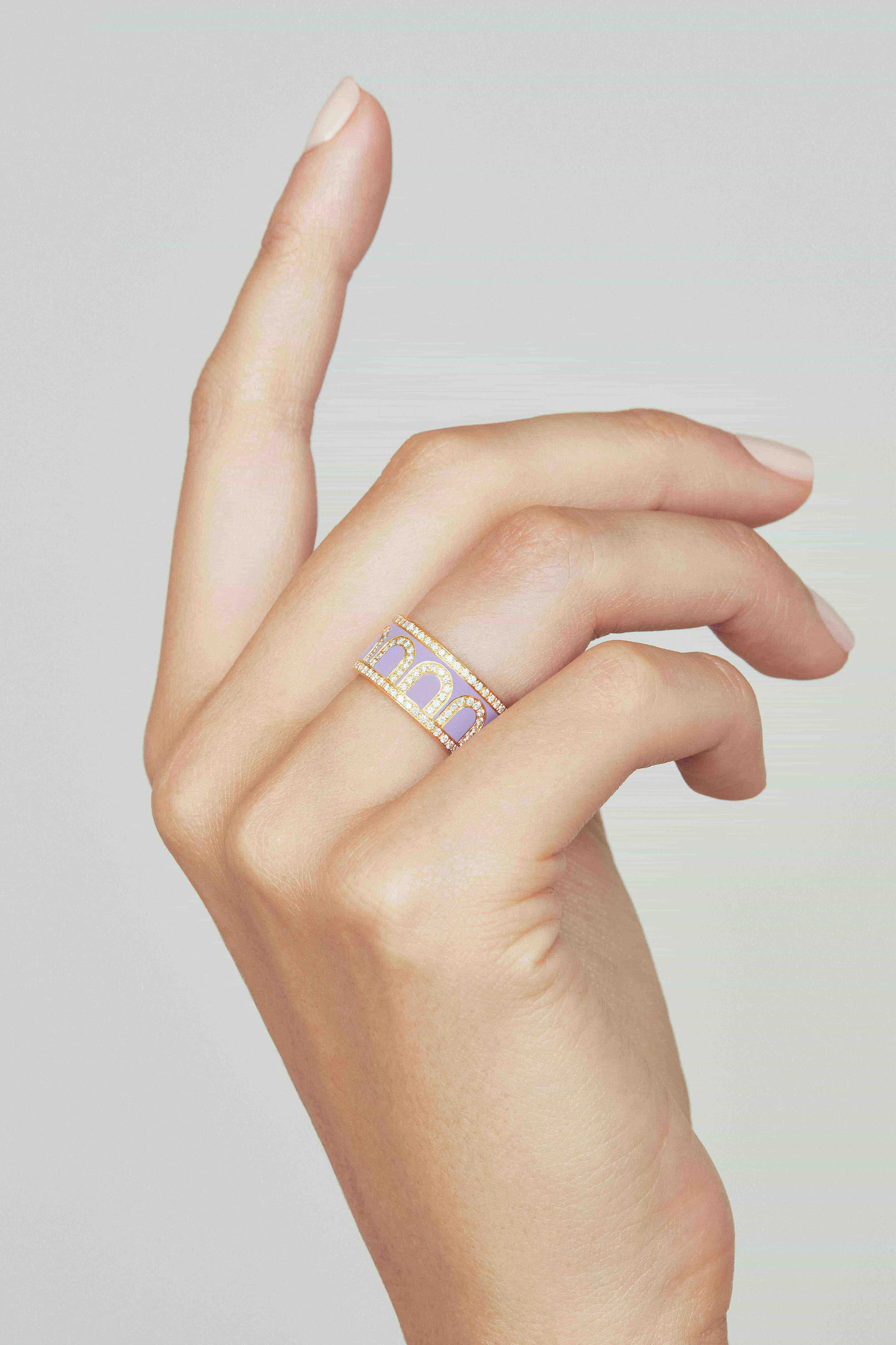 L'Arc de DAVIDOR Ring GM, 18k Yellow Gold with Lavande Lacquered Ceramic and Palais Diamonds