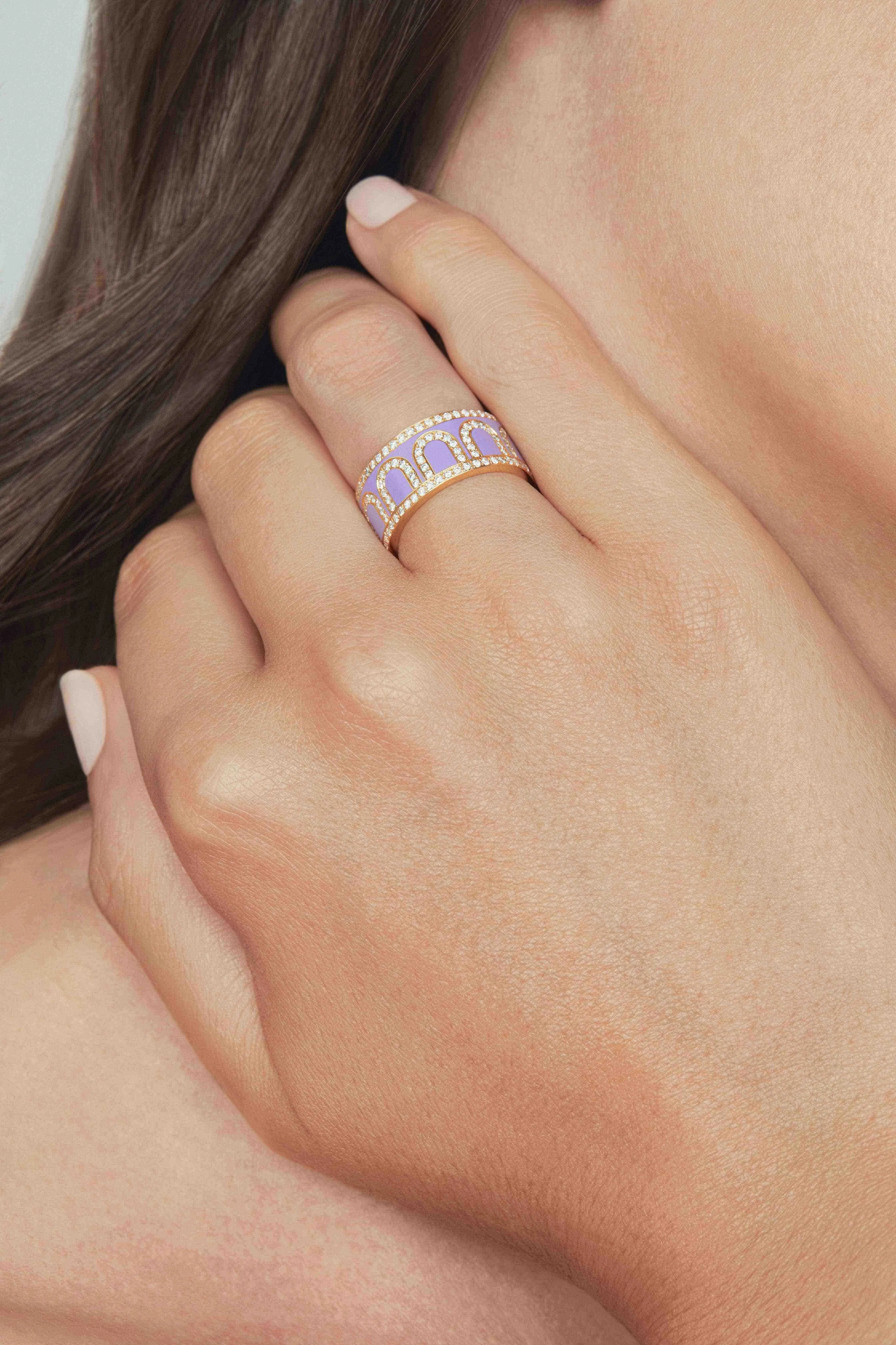 L'Arc de DAVIDOR Ring GM, 18k Yellow Gold with Lavande Lacquered Ceramic and Palais Diamonds