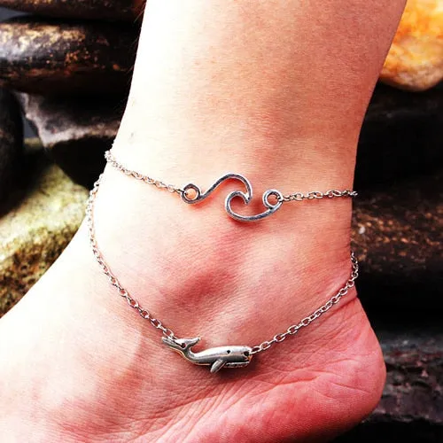 LE SKY Fashion Beach Jewelry Double Layer Love Heart Starfish Pendant Beads Anklet Foot Chain Ankle Bracelet Jewelry For Women