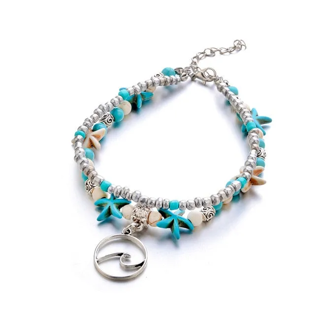 LE SKY Fashion Beach Jewelry Double Layer Love Heart Starfish Pendant Beads Anklet Foot Chain Ankle Bracelet Jewelry For Women