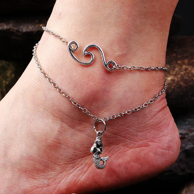 LE SKY Fashion Beach Jewelry Double Layer Love Heart Starfish Pendant Beads Anklet Foot Chain Ankle Bracelet Jewelry For Women