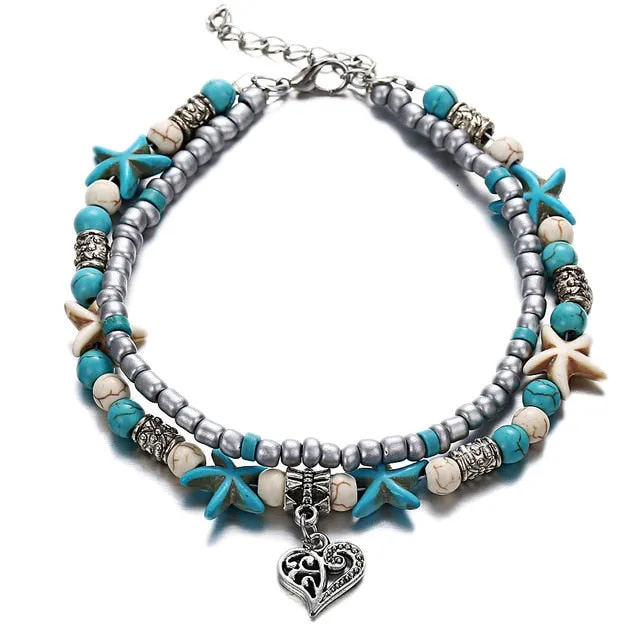LE SKY Fashion Beach Jewelry Double Layer Love Heart Starfish Pendant Beads Anklet Foot Chain Ankle Bracelet Jewelry For Women