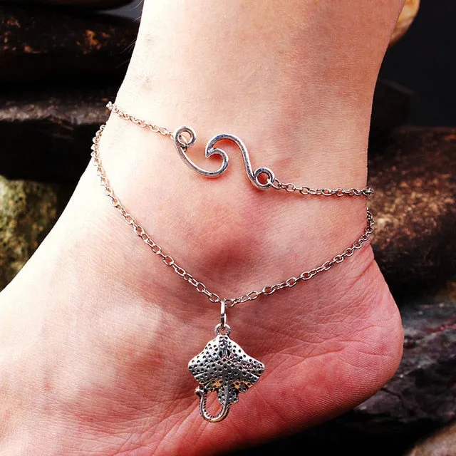 LE SKY Fashion Beach Jewelry Double Layer Love Heart Starfish Pendant Beads Anklet Foot Chain Ankle Bracelet Jewelry For Women